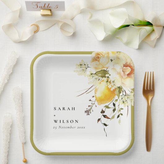 Assiettes En Carton Boho Lemon Aquarelle jaune Mariage floral (Mariage)