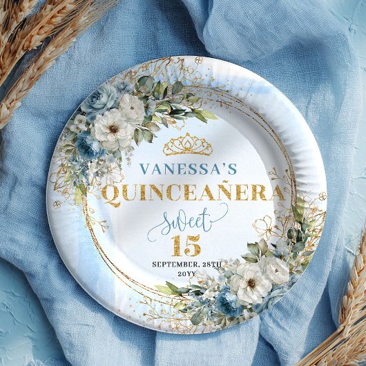 Assiettes En Carton Boho Light Blue Floral Gold Glitter Custom Name 