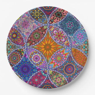 Assiettes En Carton Boho Mandala Motif coloré Hippie rétro Vintage