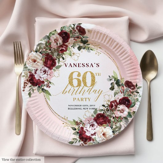 Assiettes En Carton Boho Marsala Roses Dorées Élégant 60e Anniversaire