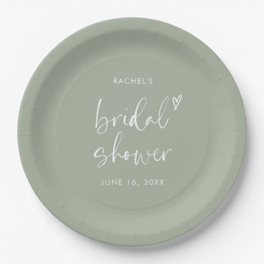 Assiettes En Carton Boho moderne Script Sage Fête des mariées verte (Devant)