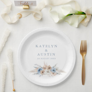 Assiettes En Carton boho pampas bleu poussiéreux mariage
