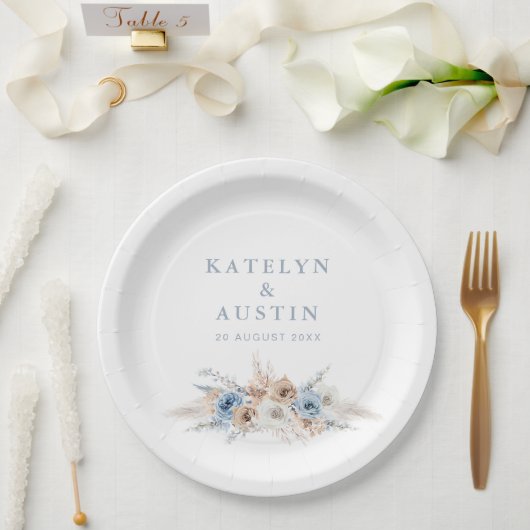 Assiettes En Carton boho pampas bleu poussiéreux mariage (Mariage)