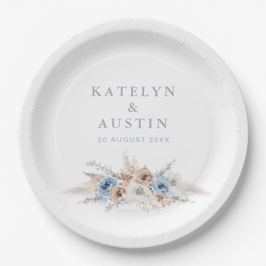 Assiettes En Carton boho pampas bleu poussiéreux mariage (Devant)