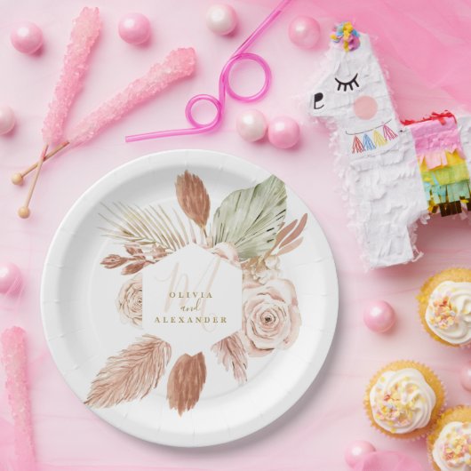 Assiettes En Carton Boho Pampas Fleurs séchées tropicales Papier Maria (Fête)