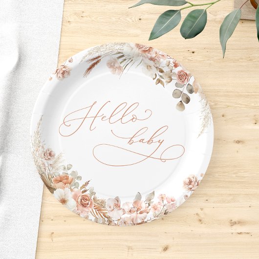 Assiettes En Carton Boho Pampas Grass Hello Baby Baby shower