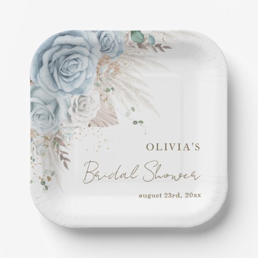 Assiettes En Carton Boho Pampas Grass Pastel Blue Floral Fête des mari (Recto)