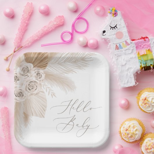 Assiettes En Carton Boho Pampas Herbe Baby shower neutre genre (Fête)