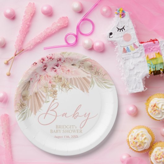 Assiettes En Carton Boho Pampas Orchidées Baby shower rose neutre (Fête)