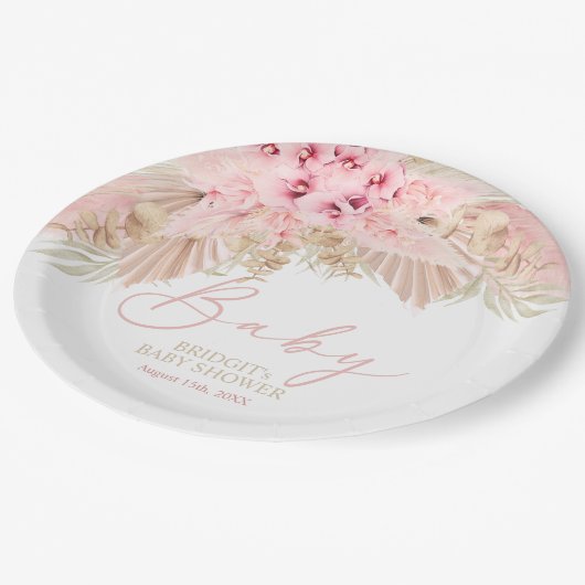Assiettes En Carton Boho Pampas Orchidées Baby shower rose neutre (Angle)