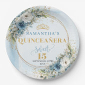 Assiettes En Carton Boho Pastel Blue Flowers Gold Personalized Quince (Devant)