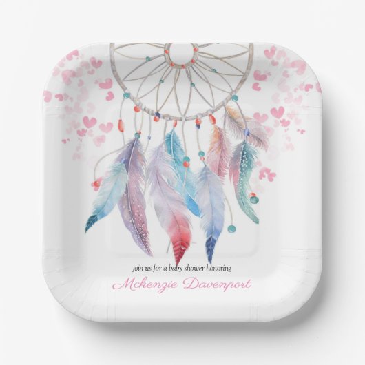 Assiettes En Carton Boho Pastel Feathers Dreamcatcher Girl Baby shower (Recto)