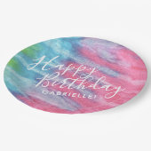 Assiettes En Carton Boho Pastel Tie Dye Joyeux anniversaire avec nom (Angle)