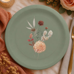 Assiettes En Carton Boho Peach et rouille floral vert sauge Baby Showe