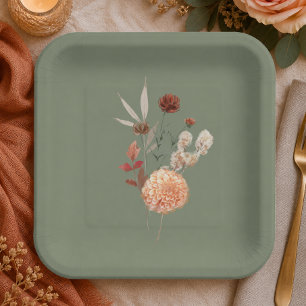 Assiettes En Carton Boho Pêche et Rouille Floral Vert Sauge Baby Showe