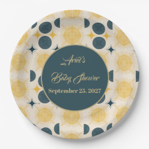 Assiettes En Carton Boho Personnalisé Lune Soleil Étoiles Bleu Jaune