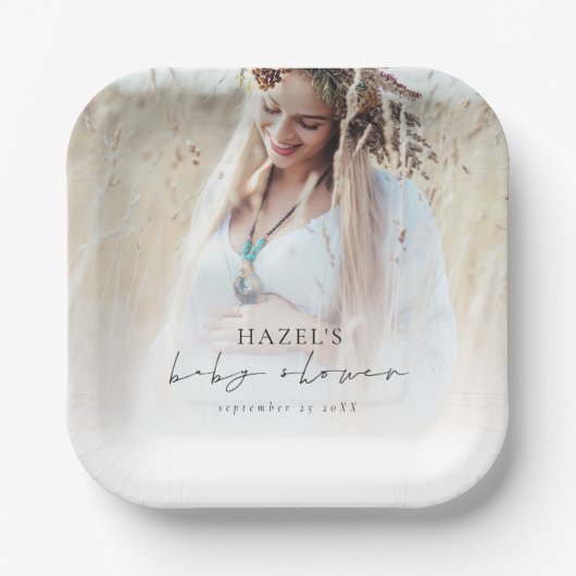 Assiettes En Carton Boho Photo Overlay Script Baby shower (Recto)