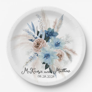 Assiettes En Carton Boho Pink et Navy Peony Bouquet Mariage