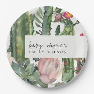 ASSIETTES EN CARTON BOHO PINK FLORAL DESERT CACTI FOLIAGE BABY SHOWER