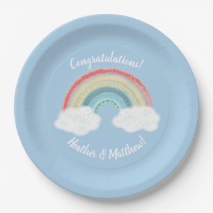Assiettes En Carton Boho Rainbow Baby shower Blue Boy
