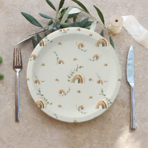 Assiettes En Carton Boho rainbows eucalyptus baby shower de pépinière
