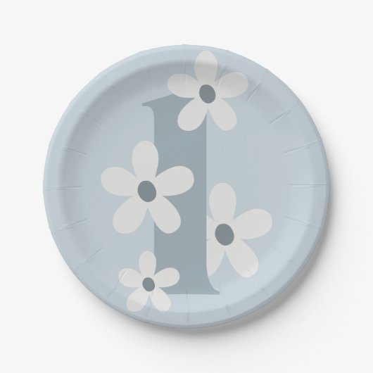 Assiettes En Carton Boho Retro Daisy 1er Blue Super Anniversaire (Devant)