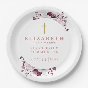 Assiettes En Carton Boho rose Botanique première communion sainte