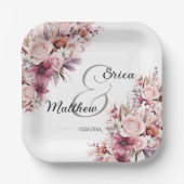 Assiettes En Carton Boho rose Dusty Floral Mariage de script moderne (Recto)