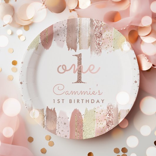 Assiettes En Carton Boho Rose Gold Blush Rainbow 1er fête d'anniversai