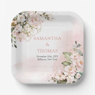 Assiettes En Carton Boho rose rose rousse rose eucalyptus vert or