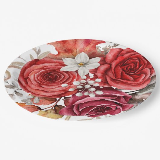 Assiettes En Carton Boho rouge automne Florals Mariage (Angle)