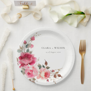 Assiettes En Carton Boho Rouge Rose Fleurs Mariage d'aquarelle