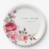 Assiettes En Carton Boho Rouge Rose Fleurs Mariage d'aquarelle (Devant)