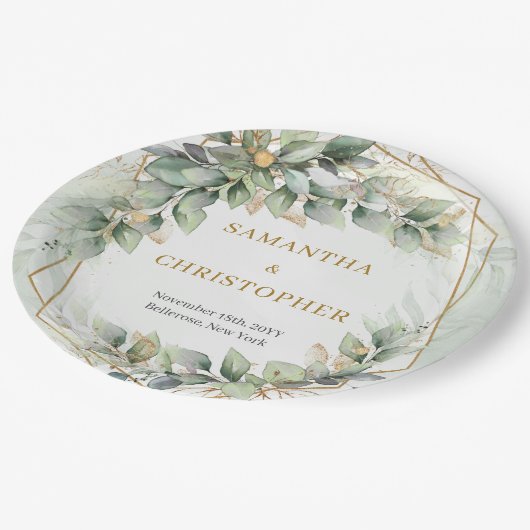 Assiettes En Carton Boho sauge eucalyptus feuille mariage parties scin (Angle)