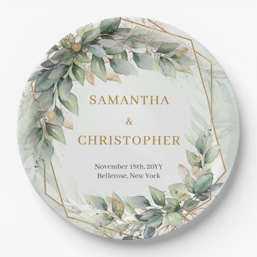 Assiettes En Carton Boho sauge eucalyptus feuille mariage parties scin (Devant)