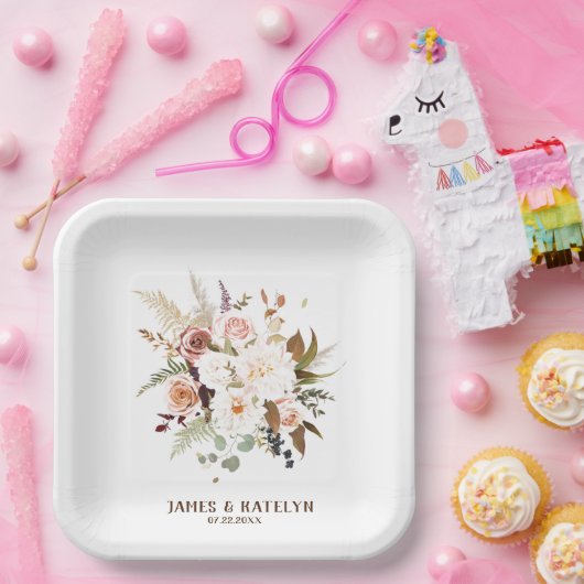 Assiettes En Carton Boho Soft Coloured Rose/White Flowers Mariage (Fête)