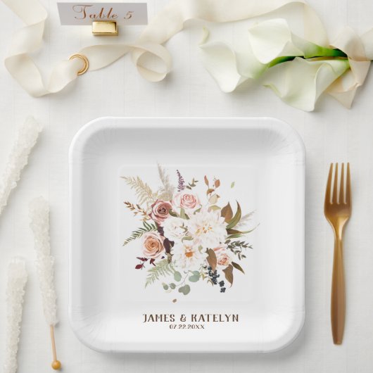 Assiettes En Carton Boho Soft Coloured Rose/White Flowers Mariage (Mariage)