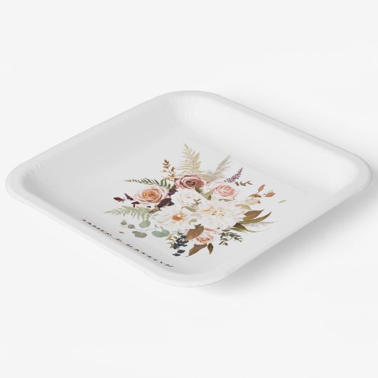 Assiettes En Carton Boho Soft Coloured Rose/White Flowers Mariage (Angulaire)