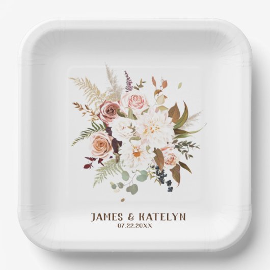Assiettes En Carton Boho Soft Coloured Rose/White Flowers Mariage (Recto)