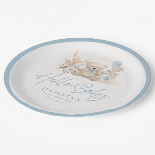 Assiettes En Carton Boho Teddy Bear Boy Blue Bearly Wait Baby shower (Angle)