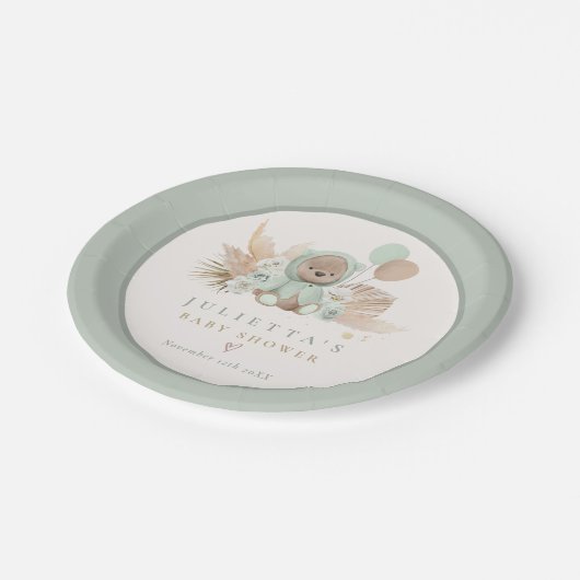 Assiettes En Carton Boho Teddy Bear Sage Green Bearly Wait Baby shower (Angle)