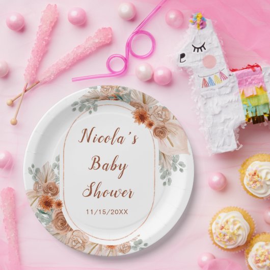 Assiettes En Carton Boho Terracotta Pampas Baby shower en herbe (Fête)