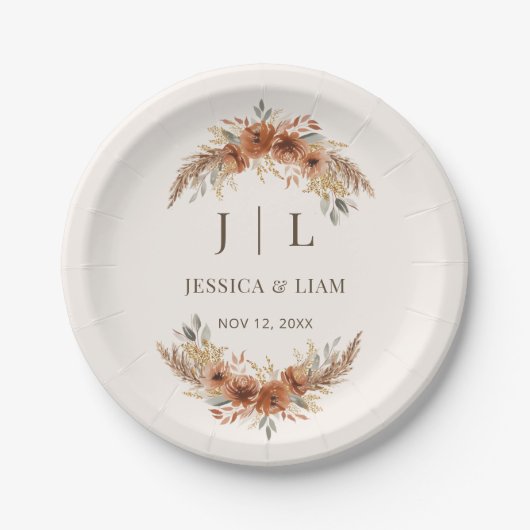 Assiettes En Carton Boho Terracotta Rust Fall Floral Mariage (Devant)