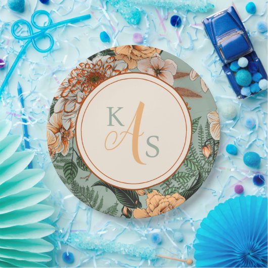 Assiettes En Carton Boho Terracotta Sage Monogramme Mariage de automne (Fête)