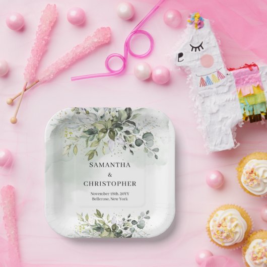 Assiettes En Carton Boho vert et or eucalyptus feuillage chic (Fête)