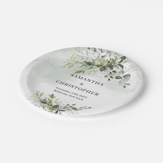 Assiettes En Carton Boho vert et or eucalyptus feuillage chic (Angle)