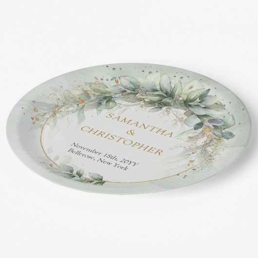 Assiettes En Carton Boho vert et or eucalyptus feuillage chic (Angle)