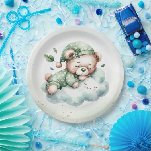 Assiettes En Carton Boho Vert Sleeping Teddy Bear mignon Baby shower (Fête)