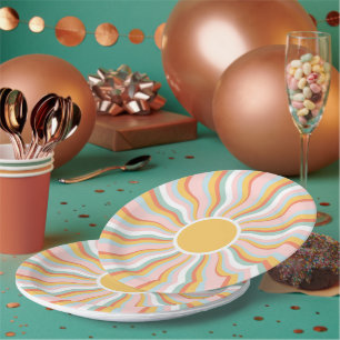 Assiettes En Carton Boho Wavy Sun Rays Retro Design
