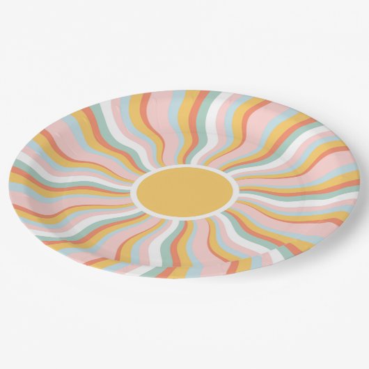 Assiettes En Carton Boho Wavy Sun Rays Retro Design (Angle)